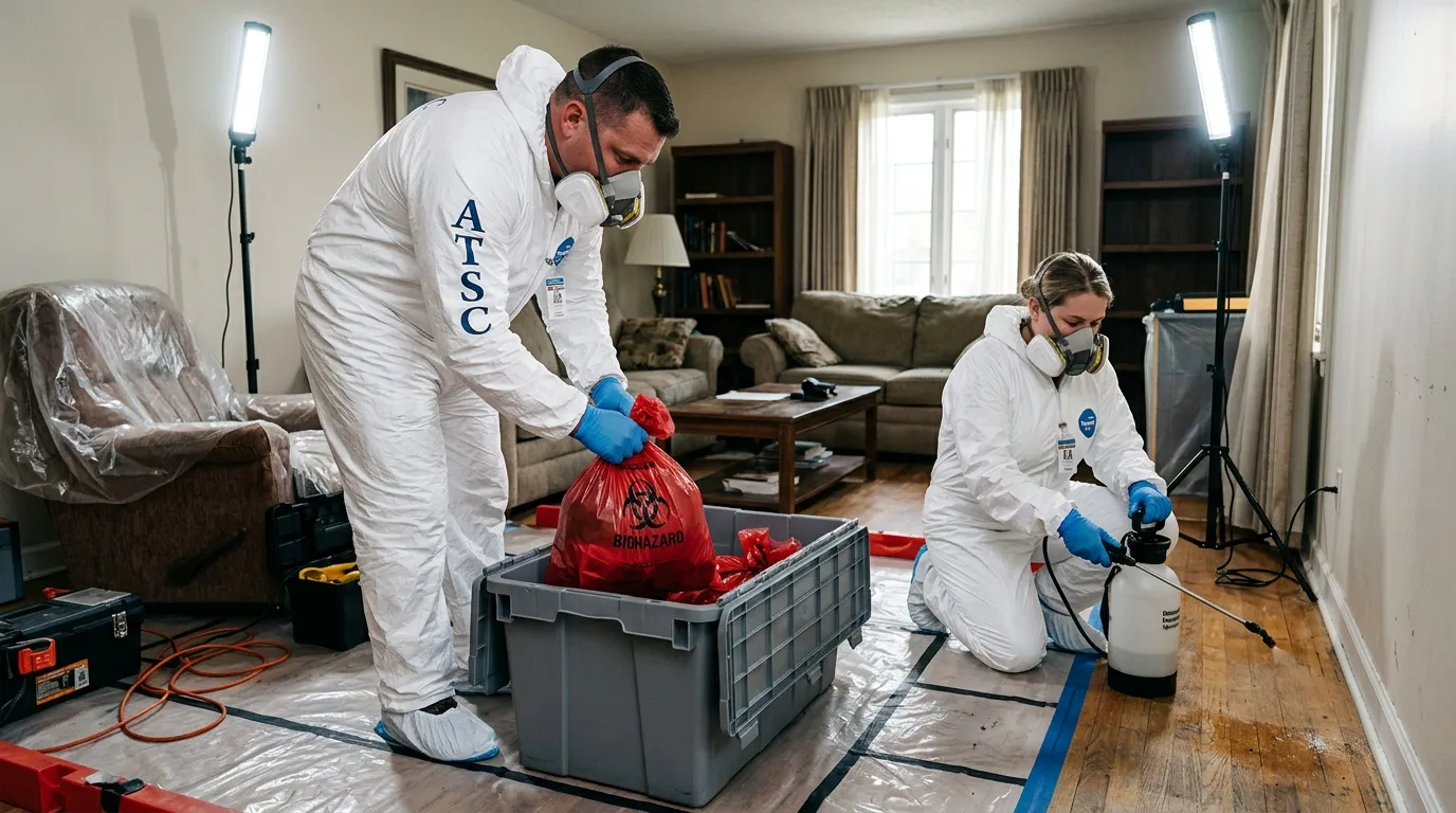 Professional Biohazard Cleanup technician in full PPE working in Grove City